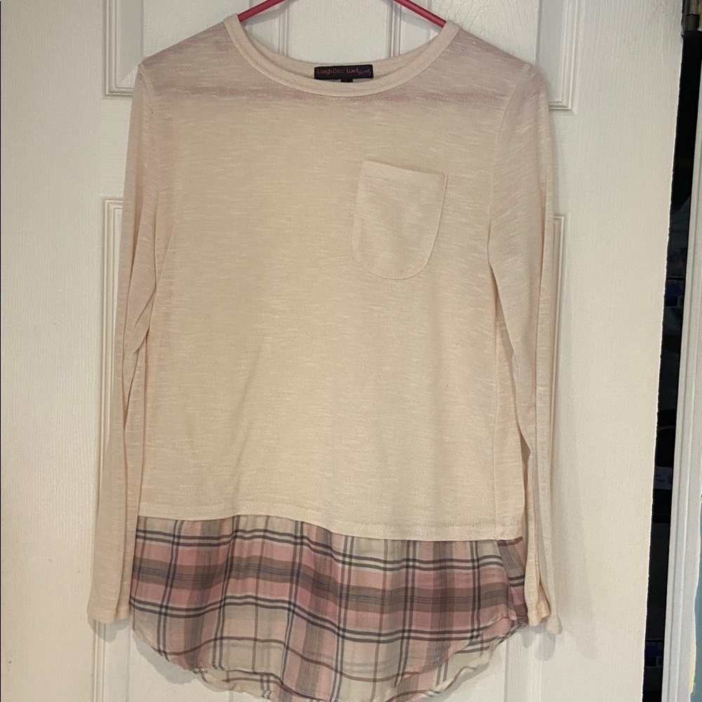 Women's Cream and Pink Plaid Hem Top